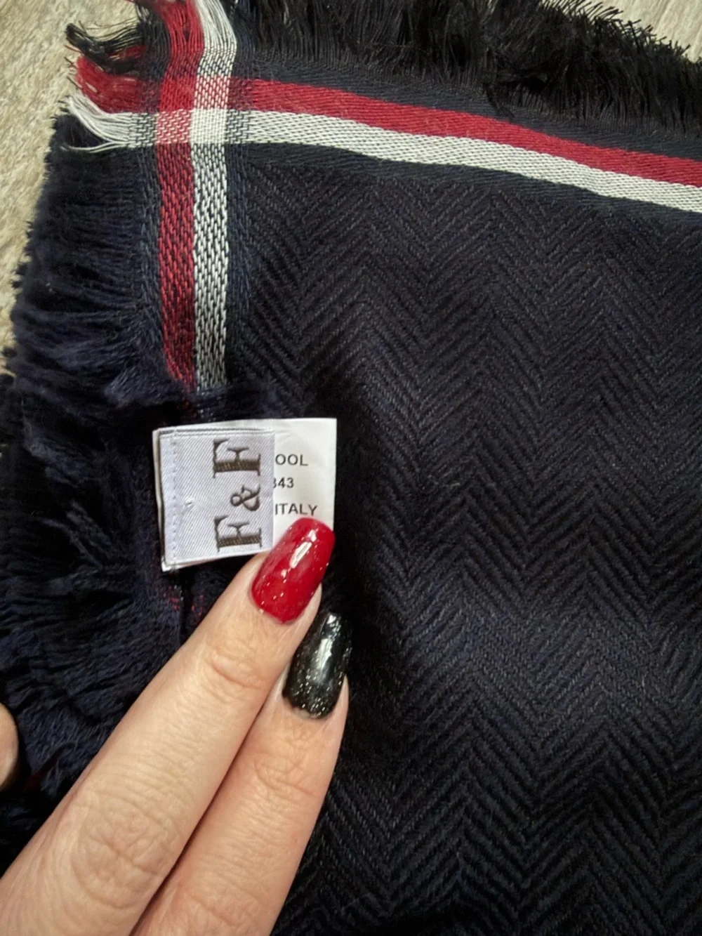 F&F Black Scarf with Red and White Trim